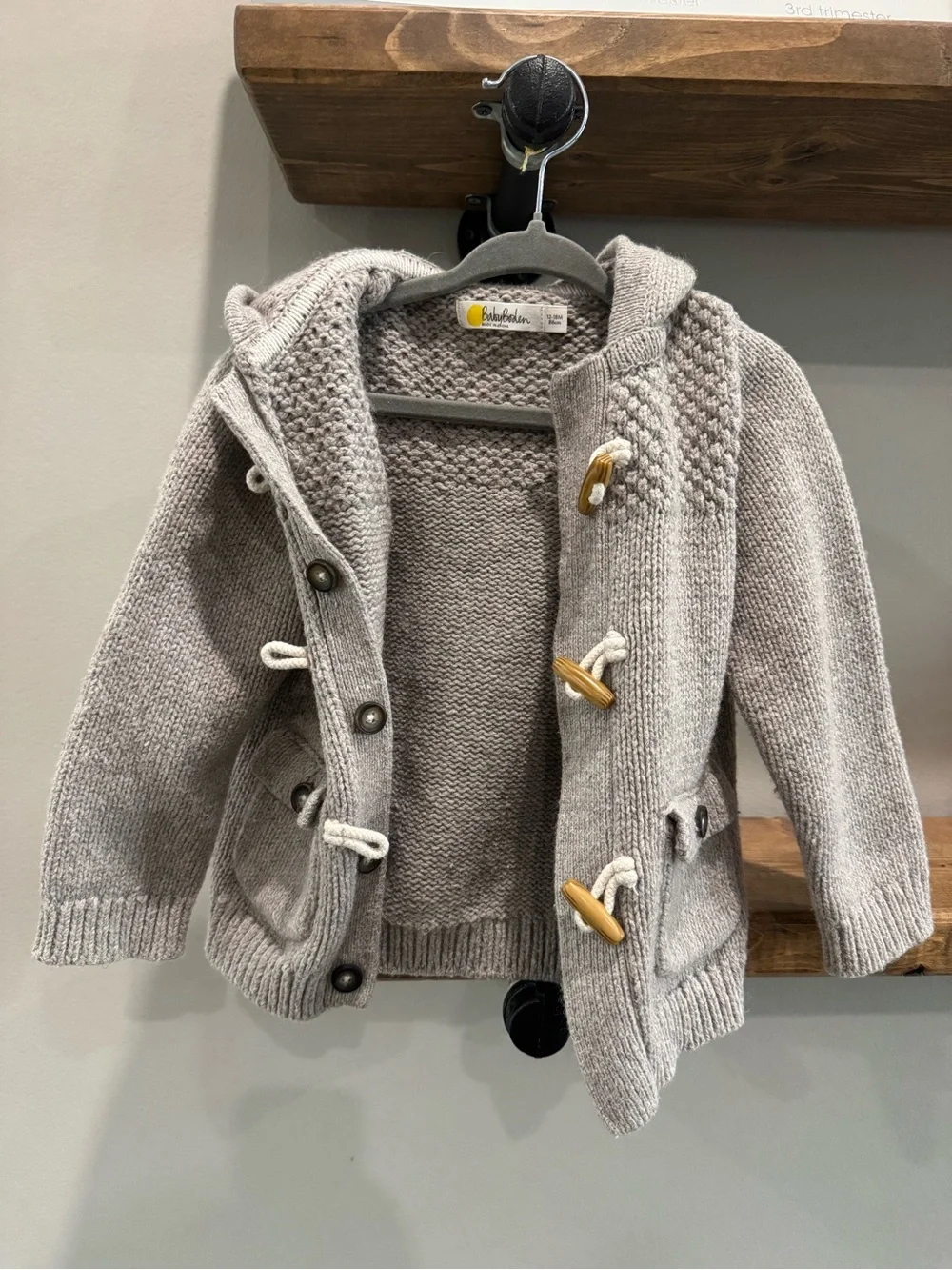 Baby Boden Gray Hooded Knit Sweater Jacket w/ Buttons & Toggle Fasteners